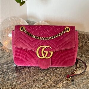 Gucci Fuchsia Velvet GG Marmont Bag